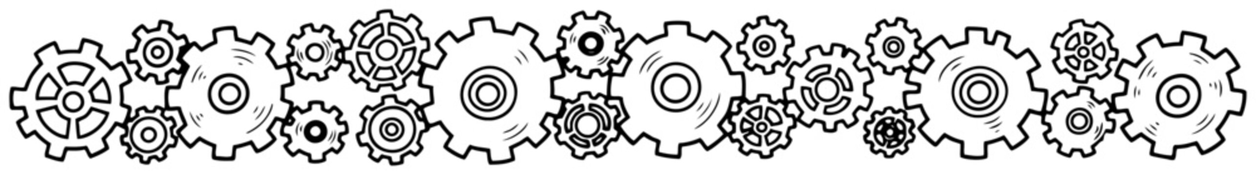 Mechanical gears and cogwheels horizontal border in hand drawn doodle style