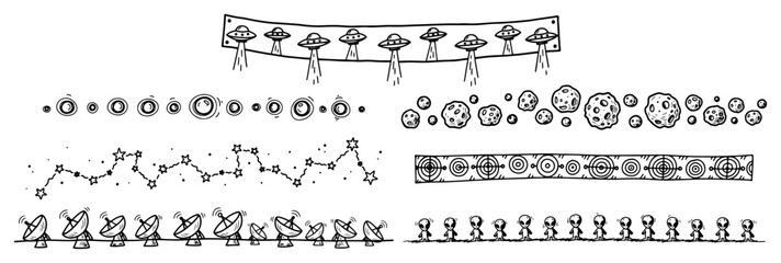 Outer space and alien sci-fi borders with UFOs and planets in hand drawn doodle style © Aisha Kudorova