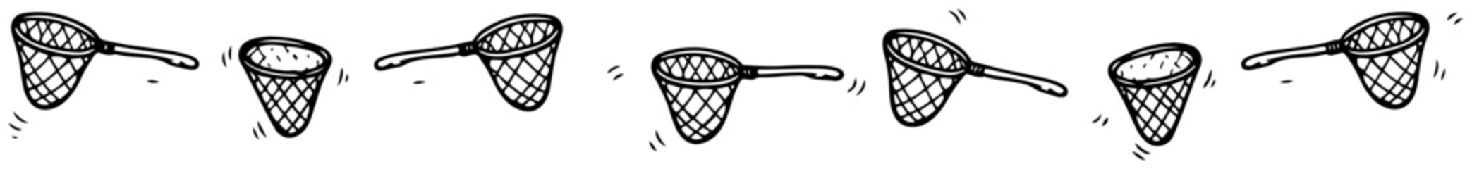 Butterfly nets and scoop nets forming a horizontal border line doodle style © Aisha Kudorova