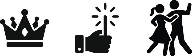 Black silhouette icons set featuring royalty magic wand and couple dancing © Shakera