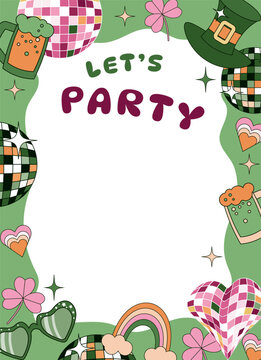 St Patrick's Day party invitation template. Groovy retro 70s flyer background with disco balls, green beer, shamrock clovers, and leprechaun hat. Vector holiday poster card.