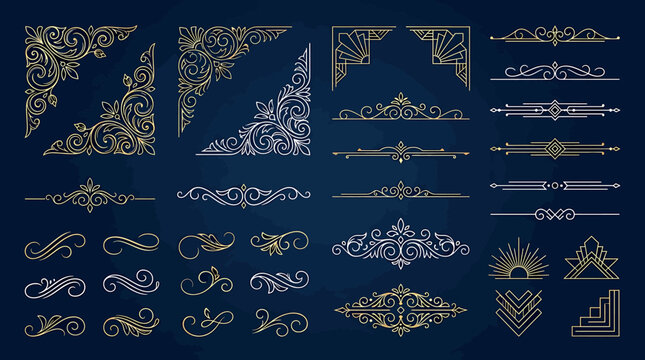 Set of luxury gold vintage dividers and corner ornaments, elegant calligraphic flourishes and decorative borders for wedding invitations