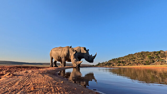 View of two white rhinoceroses drinking at a waterhole with reflections on the surface in Welgevonden Game Reserve, Waterberg District Municipality, Limpopo, South Africa.