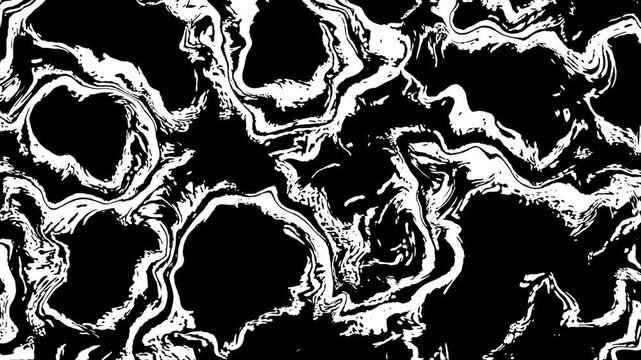 Abstract black and white pattern featuring irregular swirling rings, creating bold contrast and dynamic texture.