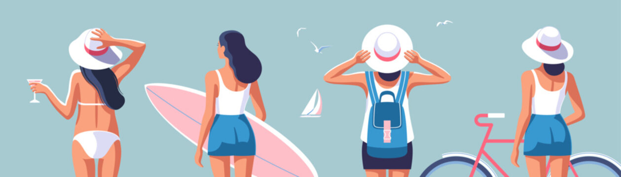 Vector illustrations of women on the theme of summer adventures, travel, beach fun and relaxation.