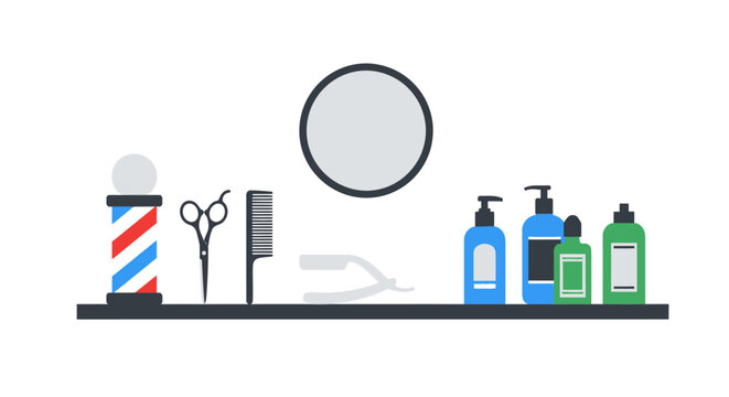 Barbershop Tools and Products with Barber Pole and Mirror