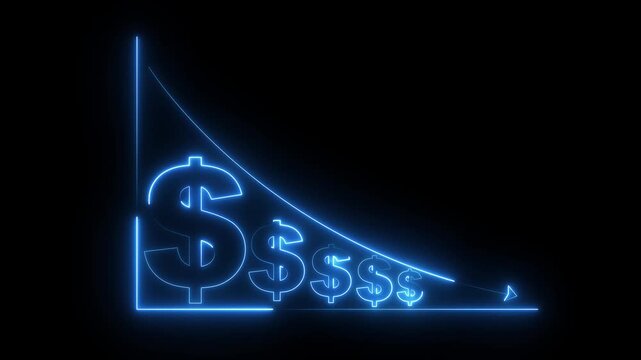 glowing neon Quality control and company cost reduction. Cost reduction icon. Cost decrease money down arrow. corporate business efficiently save cost and company resources by reduction. animation