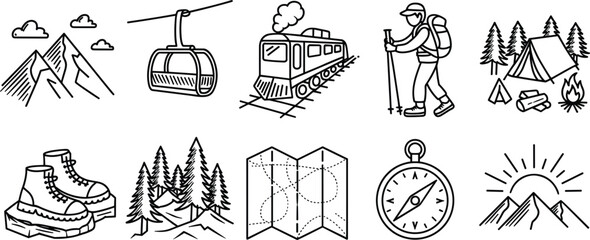Black and White Outdoor Adventure Icons Keywords: adventure, outdoor, mountain, cable car, train, backpacker, camping, tent © Alifa