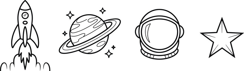 Doodle style icons of rocket planet astronaut helmet and star on white spaceship Saturn © Alifa