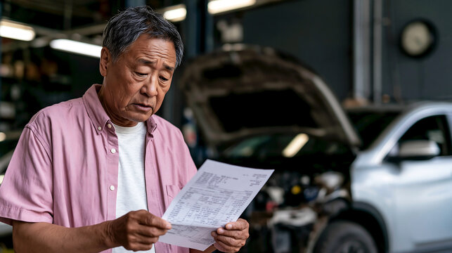 senior man reading car service repair bill in auto garage, vehicle maintenance invoice estimate cost concept