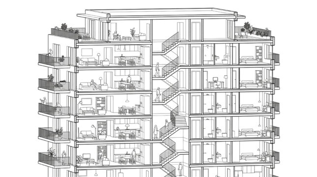 3D perspective vector cutaway illustration of a high rise tower with central zigzag staircase and rooftop terraces