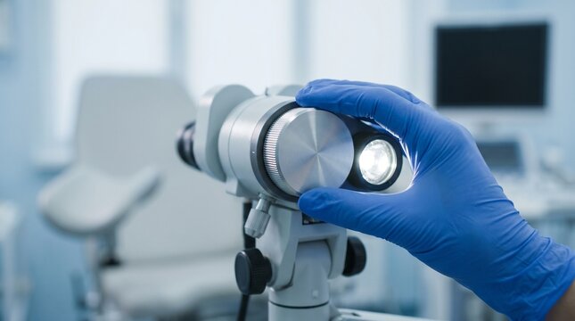 Clinician adjusting colposcope light in gynecology exam room, concept of cervical screening, colposcopy diagnostics and women&rsquo;s preventive healthcare.
