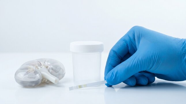 Clinician holding urine dipstick beside sample cup and kidney model, concept of urinalysis, kidney function testing, nephrology screening and renal diagnostics.