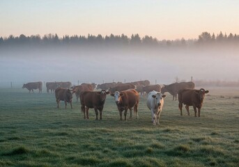 Fototapeta premium Cows grazing in misty meadow during early morning light 