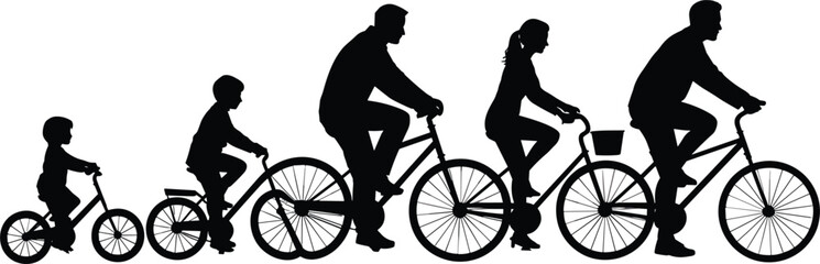 Fototapeta premium Silhouette of a family riding bicycles in increasing size from child to adult Keywords: family, cycling, bicycle, bike, ride