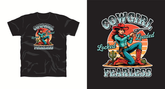 Cowgirl locked loaded fearless woman with gun cactus sunset illustration.