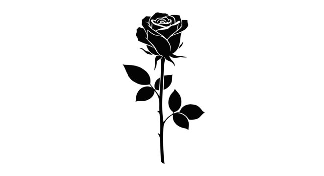 Vector illustration of black silhouette of a single rose flower with leaves on a transparent background