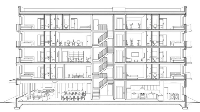 Interior layout and architectural cross section of a mixed use building with coworking office workspace and basement laundry room