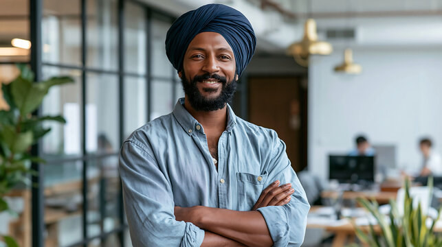 confident senior man in blue turban and glasses in office classroom, experienced diverse educator teacher portrait concept