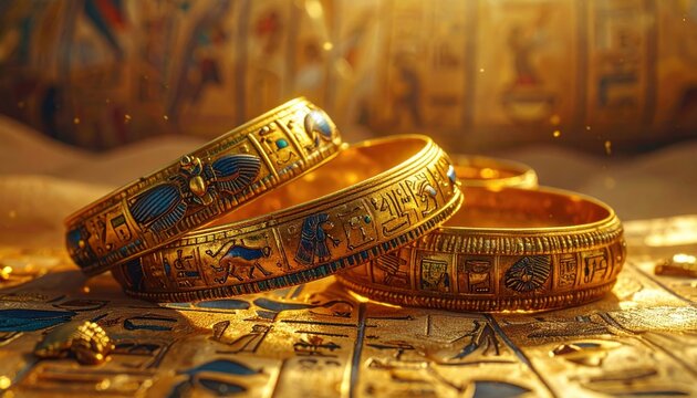 Exquisite Ancient Egyptian Gold Bracelets Adorned with Hieroglyphs and Divine Symbols, Resting on a Textured Golden Surface