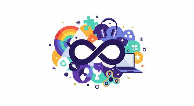 Neurodiversity Concept Illustration with Infinity Sign, Rainbow, Headphones, and Fidget Spinner - Symbolizing Inclusion, Autism Awareness, and Cognitive Diversity