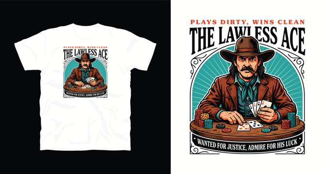 Lawless ace poker player cowboy hat t-shirt design wanted justice.