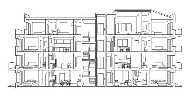 Flat line art technical drawing of a minimalist residential building showing furnished apartment interiors and elevator core