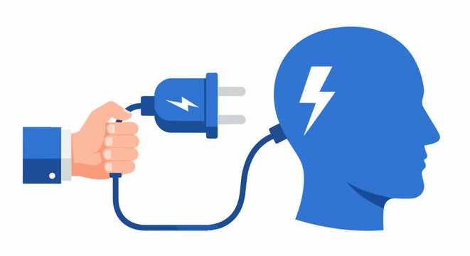 Mental Energy and Brain Power Concept: Hand Plugging in an Electric Cord to a Human Head Profile with Lightning Bolt Symbol for Inspiration, Creativity, and AI