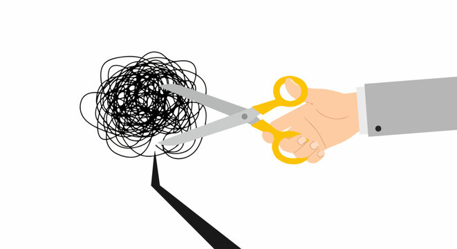 Business Hand with Scissors Cutting Tangled Knot for Problem Solving and Simplifying Complex Situations Concept
