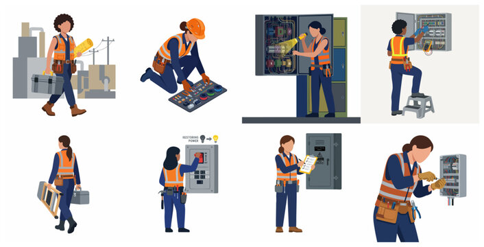 Professional female electrician characters set working on electrical panels, maintenance, and repairs in industrial environments with tools and safety gear