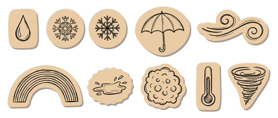 Naklejka premium Weather Scrapbook Sticker Set Vector Hand Drawn Raindrop Snowflake Umbrella Wind Rainbow Cloud Thermometer Tornado Craft Paper 
