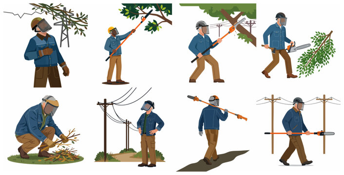 Professional arborist and tree trimmer utility worker illustration set pruning branches near power lines with safety gear and tools