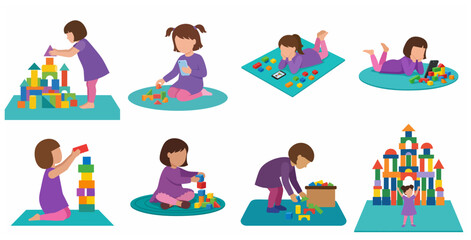 Fototapeta premium Little girl playing with colorful building blocks and using digital devices vector illustration set.