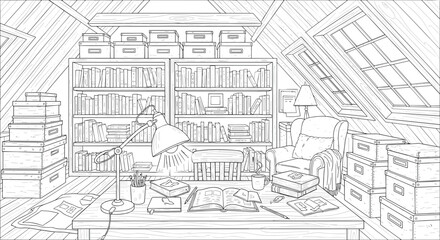 Obraz premium Cozy attic study room filled with books and boxes colouring page