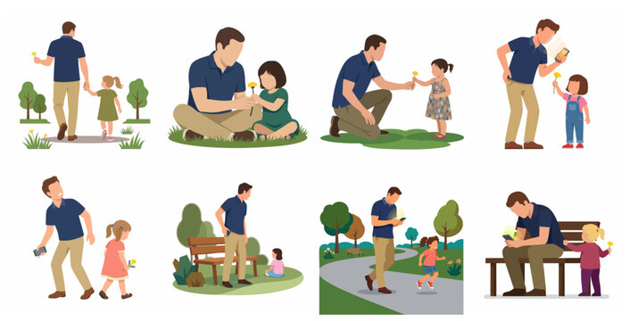 Vector illustration of a father distracted by his smartphone while spending time with his young daughter in a park, showing parental neglect and digital addiction.