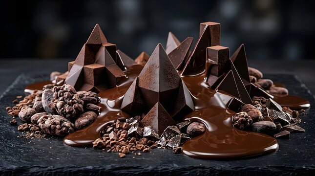 Dark chocolate mountain sculpture with melted liquid sauce and cacao nibs