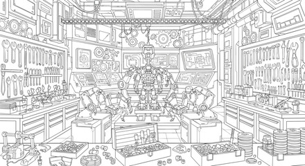 Obraz premium Futuristic workshop filled with mechanical tools and robotic parts colouring page
