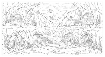 Obraz premium Mysterious underwater cave exploration scene for a fun colouring page sketch art