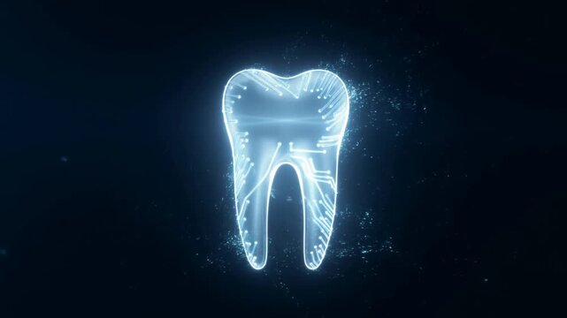 Slow motion zooming holographic tooth rotating with particle effects in dark medical technology background for dental visualization and education