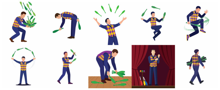 Set of professional juggler character illustrations performing circus tricks with green clubs in various poses