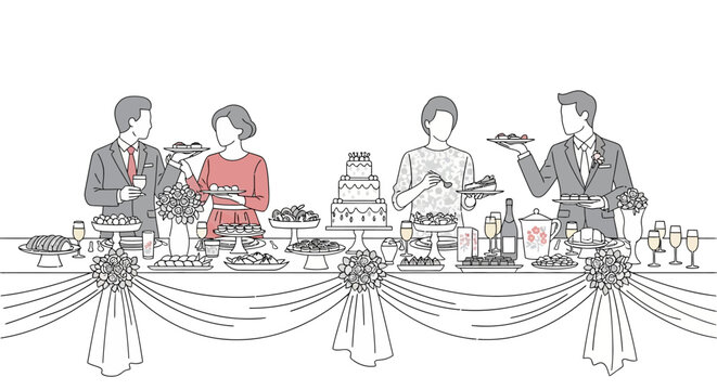 Elegant Buffet Table with People Enjoying Desserts and Drinks