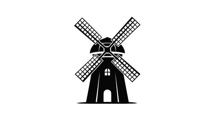 Obraz premium Vector illustration of black and white silhouette of a traditional windmill icon on a transparent background