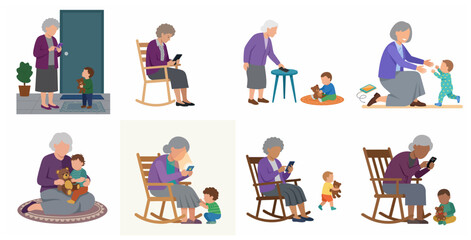Fototapeta premium Distracted grandmother using smartphone and ignoring grandchild set of illustrations representing digital addiction and lack of family connection