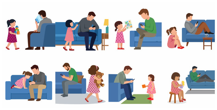 Illustration set of fathers ignoring their children while using smartphones, depicting digital addiction, lack of parental attention, and childhood neglect in a modern lifestyle.