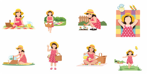 Fototapeta premium Collection of cute little girl character enjoying picnic activities in summer park, vector illustration.