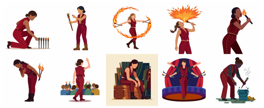 Flat vector illustration set of a female fire dancer performing circus acts, including fire breathing, spinning torches, stage performance, and backstage moments.