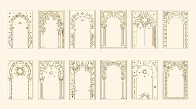 Set of decorative arch frames with celestial elements, stars, moons, suns and floral motifs in line art style for tarot cards or invitations