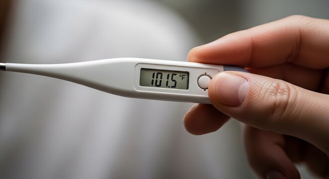 Hand holding a white digital thermometer showing high fever temperature reading of one hundred one degrees
