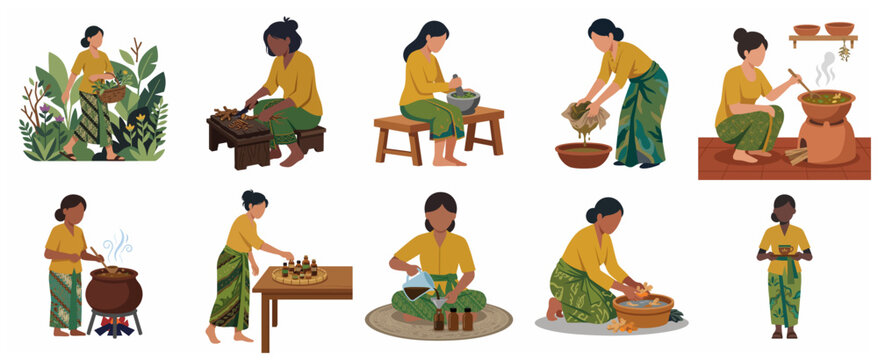 Flat vector illustration set of Indonesian women making traditional Jamu herbal medicine including gathering herbs, grinding, cooking, and bottling.