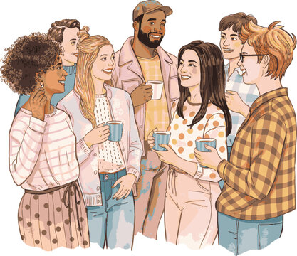 Diverse Group of Friends Socializing with Coffee Cups Illustration